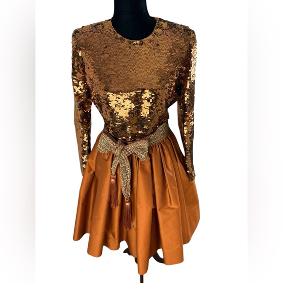 Vintage Oscar de la Renta Studio Sequin and Silk Bronze Formal Mini Dress - Picture 5 of 15